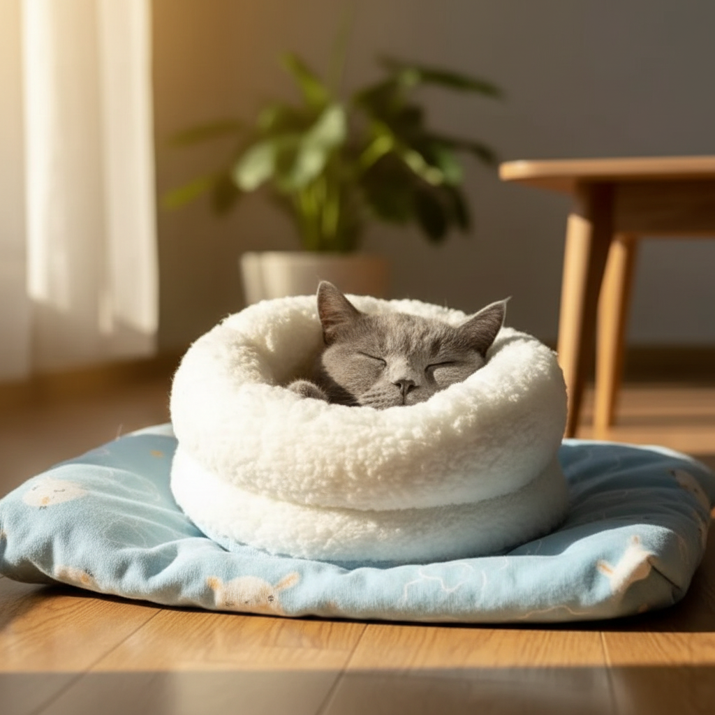 Chat blotti dans un sac apaisant blanc et moelleux