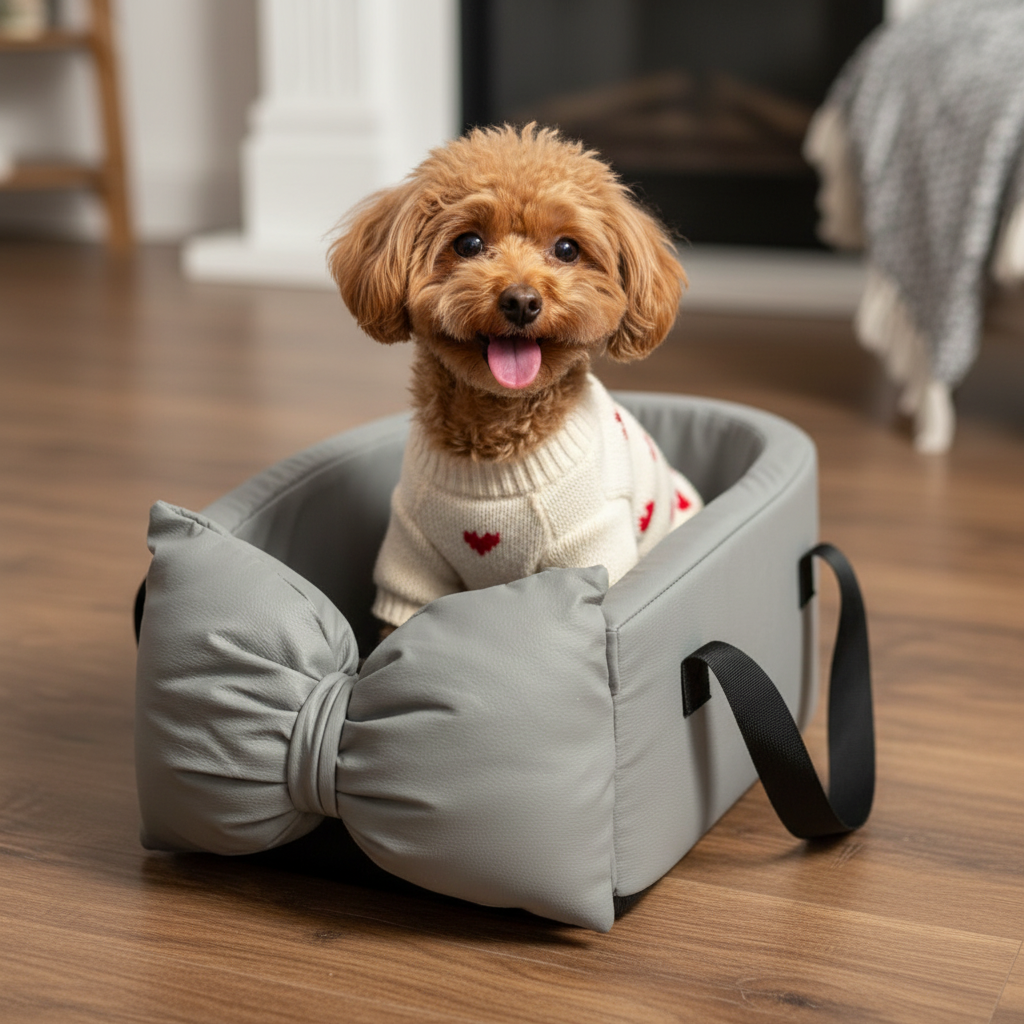 Petit chien installé confortablement dans un siège auto apaisant gris